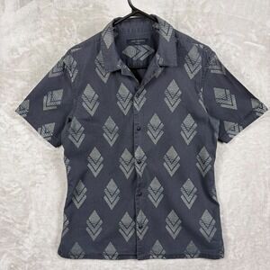 AllSaints Shirt Mens S Murzik Ikat Print SS Button Up Gray Linen Blend Urban